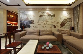 朴雅大方新中式风格家居室内水墨油画背景墙装饰图