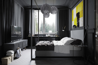 时尚黑色现代风 单身公寓卧室效果图