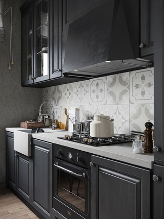 现代风单身厨房黑色橱柜效果图