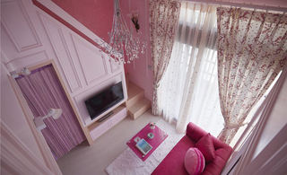 粉色浪漫温馨简约复式挑高客厅俯视效果图