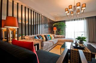 家装中式创意混搭客厅沙发玻璃背景墙装饰图