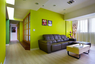 清新绿色简约客厅真皮沙发布置效果图