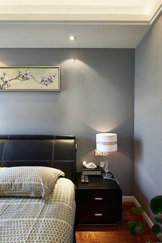 新中式卧室 灰蓝色床头背景墙设计