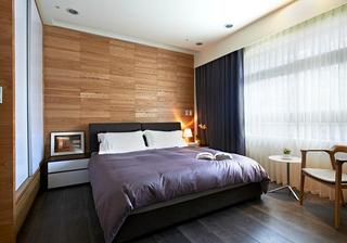 现代宜家卧室 原木背景墙设计