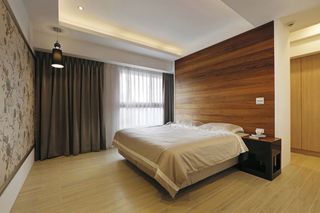 家装现代简约卧室床头实木背景墙装饰效果图