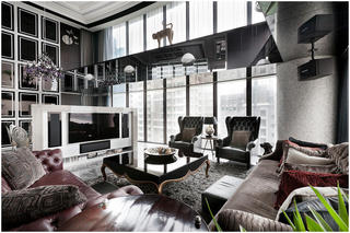 128平米黑色酷炫新古典风格复式客厅设计装潢欣赏图