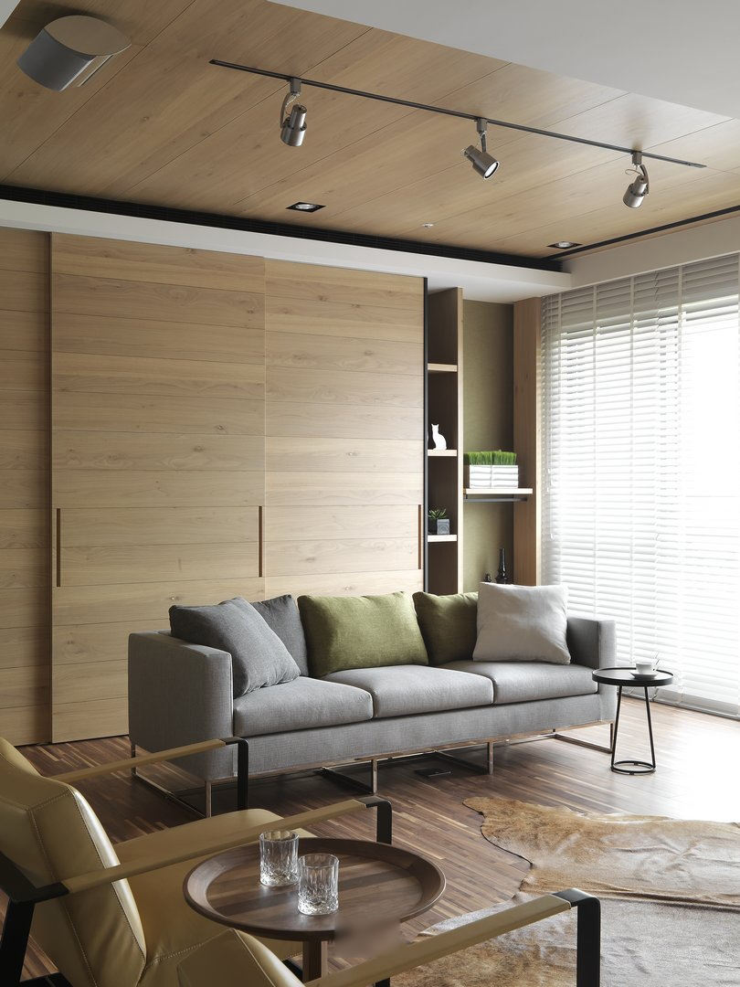 简洁时尚北欧风格客厅原木背景墙装饰效果图