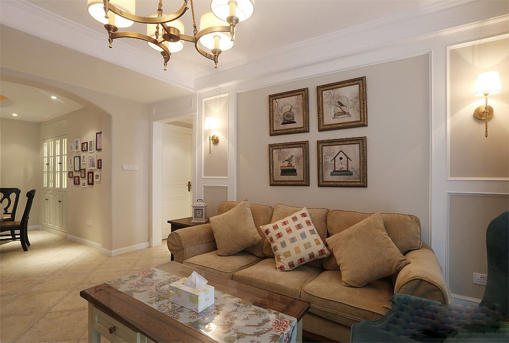 复古美式客厅 沙发照片墙效果图