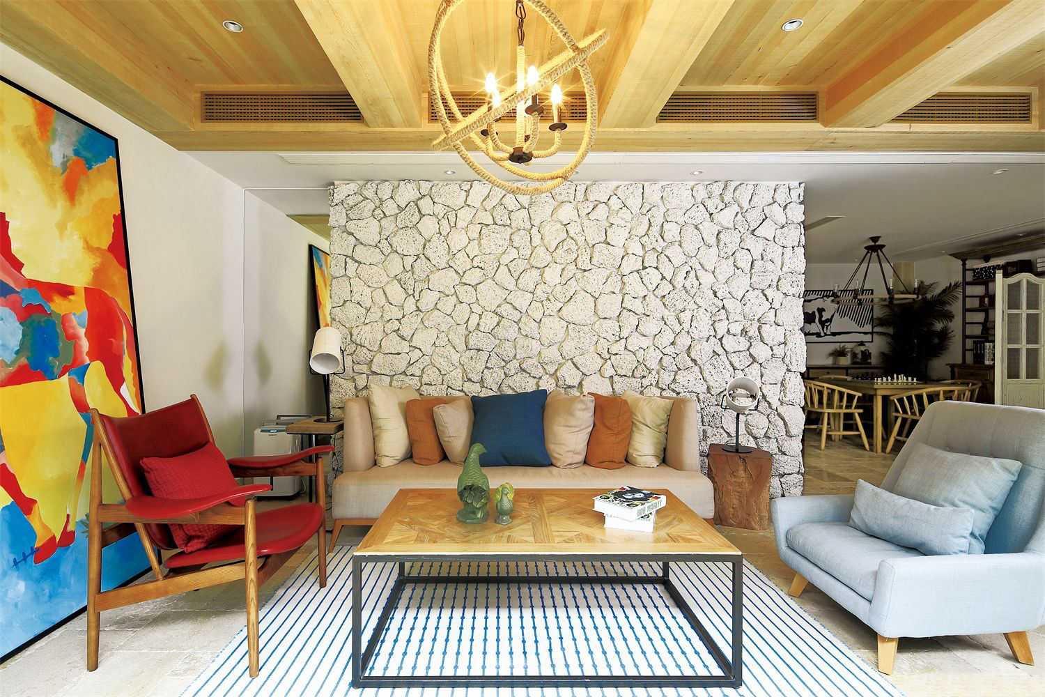 混搭设计风格小户型客厅火山石背景墙装饰效果图