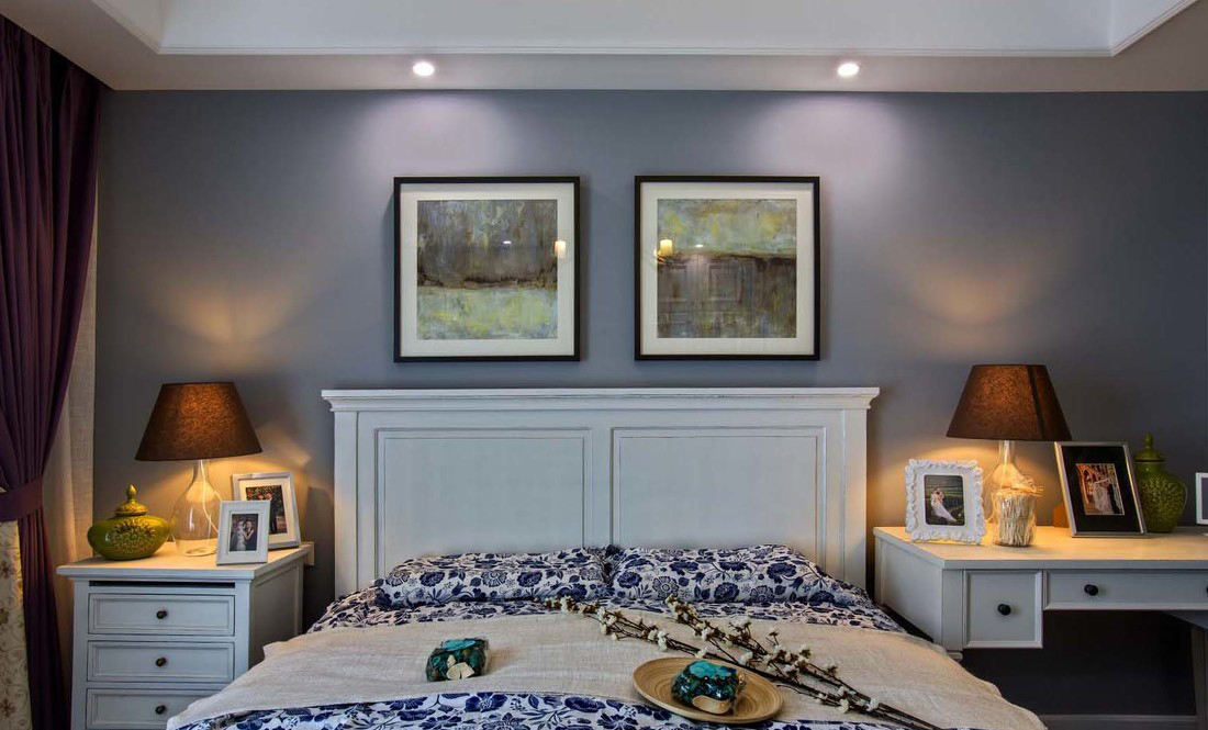 蓝色复古美式 卧室背景墙设计
