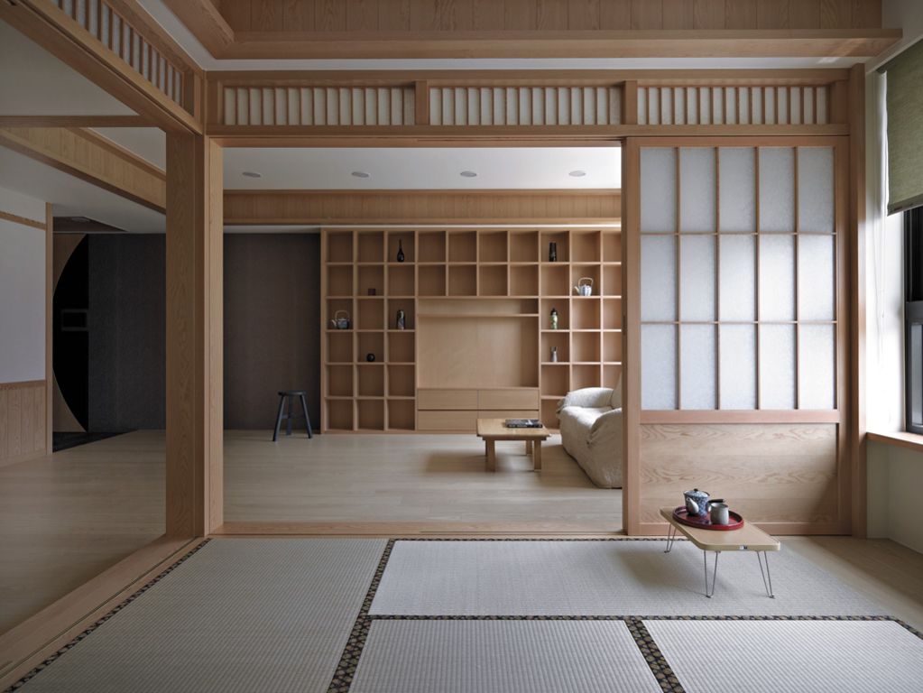 日式经典风格家居客厅原木收纳背景柜设计装修图