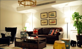 经典复古美式客厅 沙发照片墙装潢
