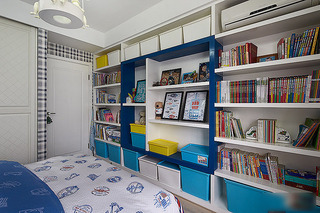 清新蓝色美式儿童房整体书柜设计