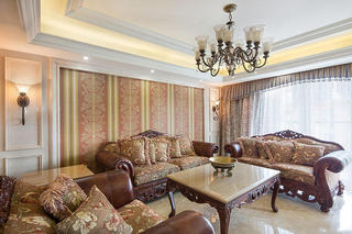 古典咖色花美式客厅背景墙装饰设计