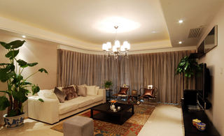 精致现代新中式混搭公寓客厅弧形窗帘设计