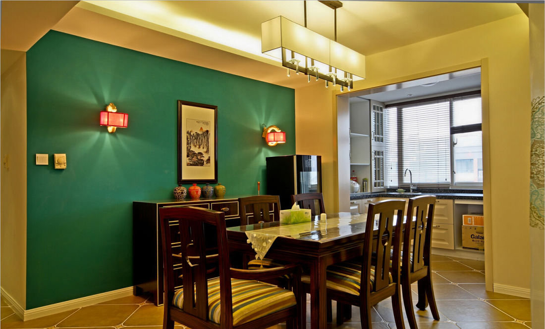 精美墨绿色中式餐厅背景墙装饰