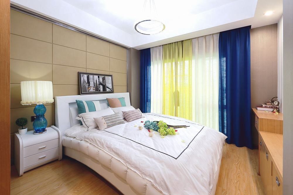 卧室,窗帘,美式,简约,白色,蓝色,黄色