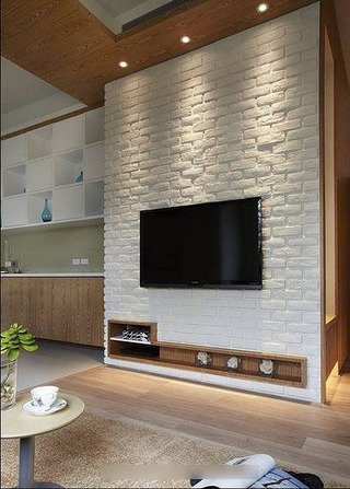 清新日式客厅白色文化砖电视背景墙效果图
