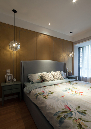 金棕色简美式卧室背景墙设计