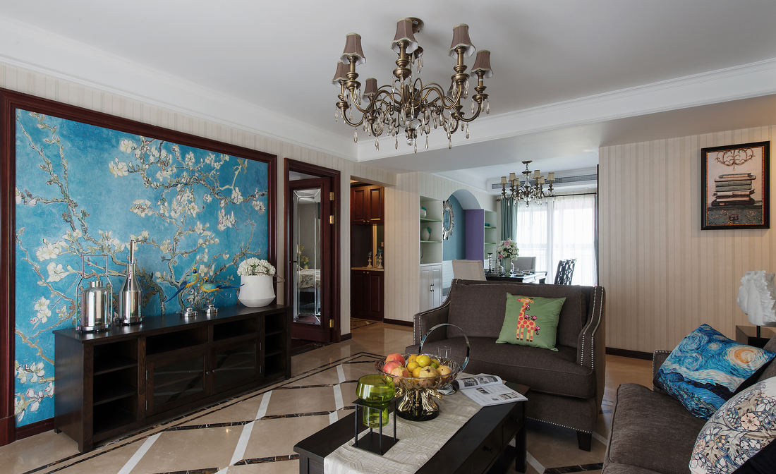 精致优雅中式客厅蓝色梅花背景墙装饰