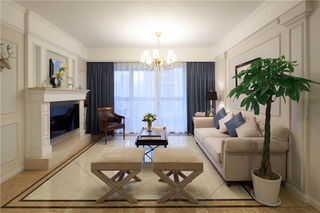 优雅冷蓝色美式客厅窗帘设计效果图