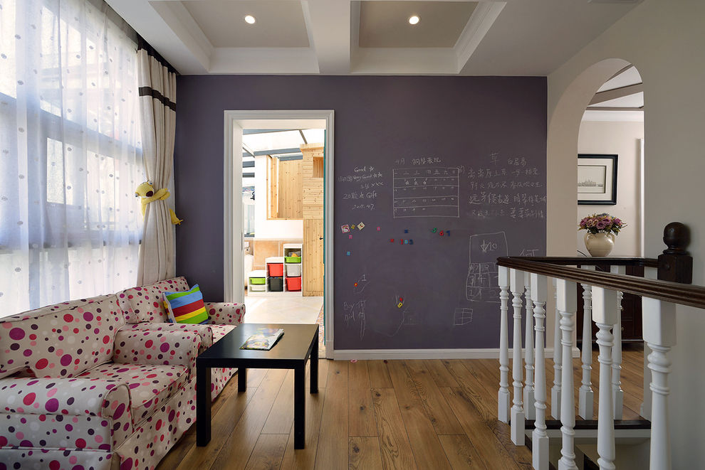 美式家装复式楼休闲区紫色黑板墙设计