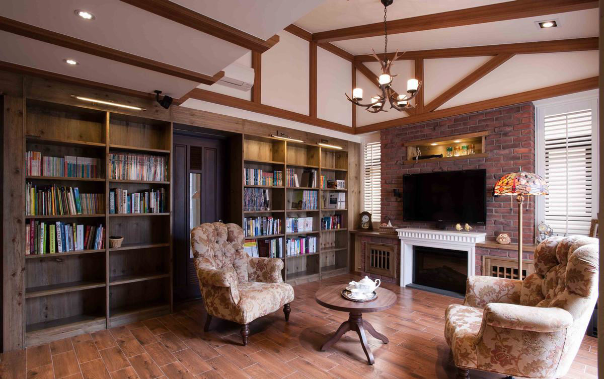休闲美式客厅实木书架设计