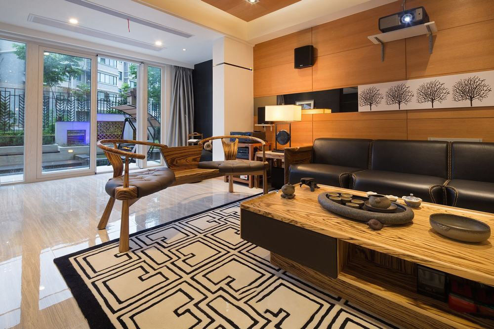 现代新中式客厅实木沙发背景墙装饰