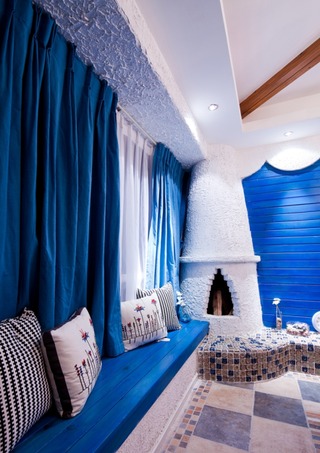 蓝白地中海风格家居室内飘窗窗帘装饰效果图