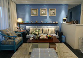 简约地中海风格家居客厅蔚蓝色背景墙装饰效果图