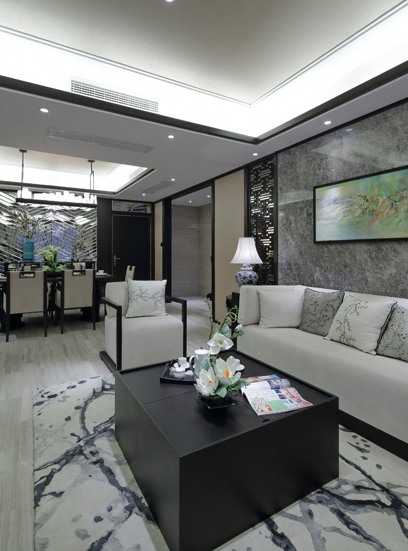 128平时尚黑白奢华新中式混搭三室两厅装潢设计