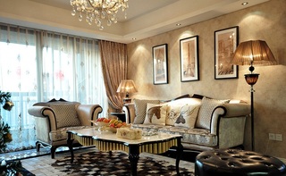 精美奢华美式客厅背景三联照片墙设计