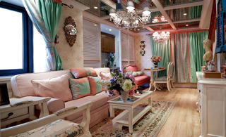 粉色精美田园美式风格家居客厅玻璃吊顶效果图