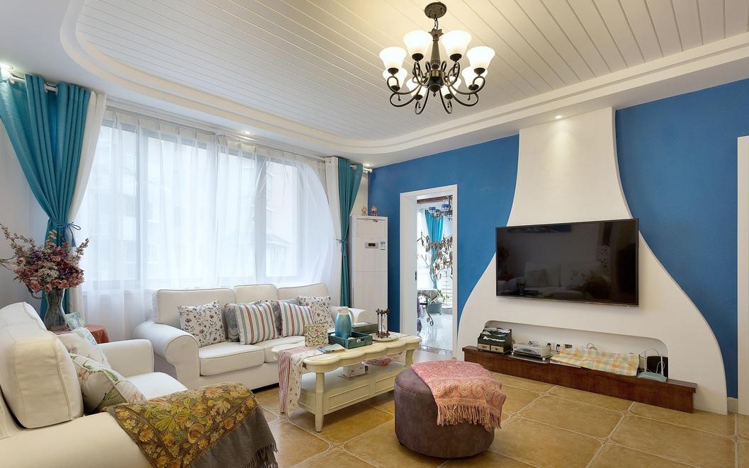 浪漫清爽地中海风格客厅个性蓝白背景墙装饰