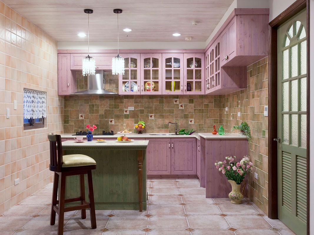 甜美紫色田园设计厨房橱柜效果图大全