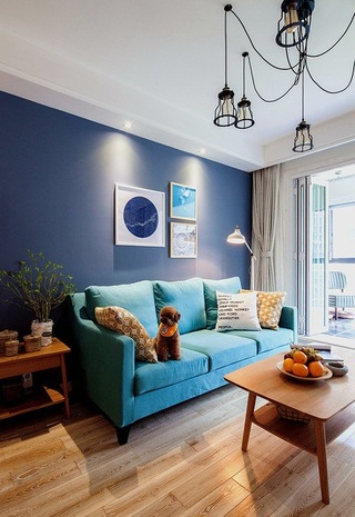 蓝色后现代宜家风格客厅沙发背景墙装饰