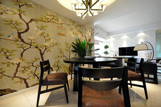 唯美中式风格餐厅手绘墙设计装潢图