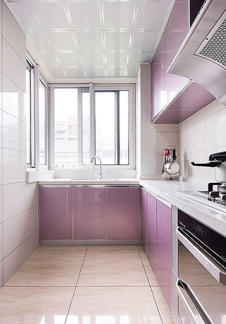 浪漫浅紫色现代风厨房L型橱柜效果图