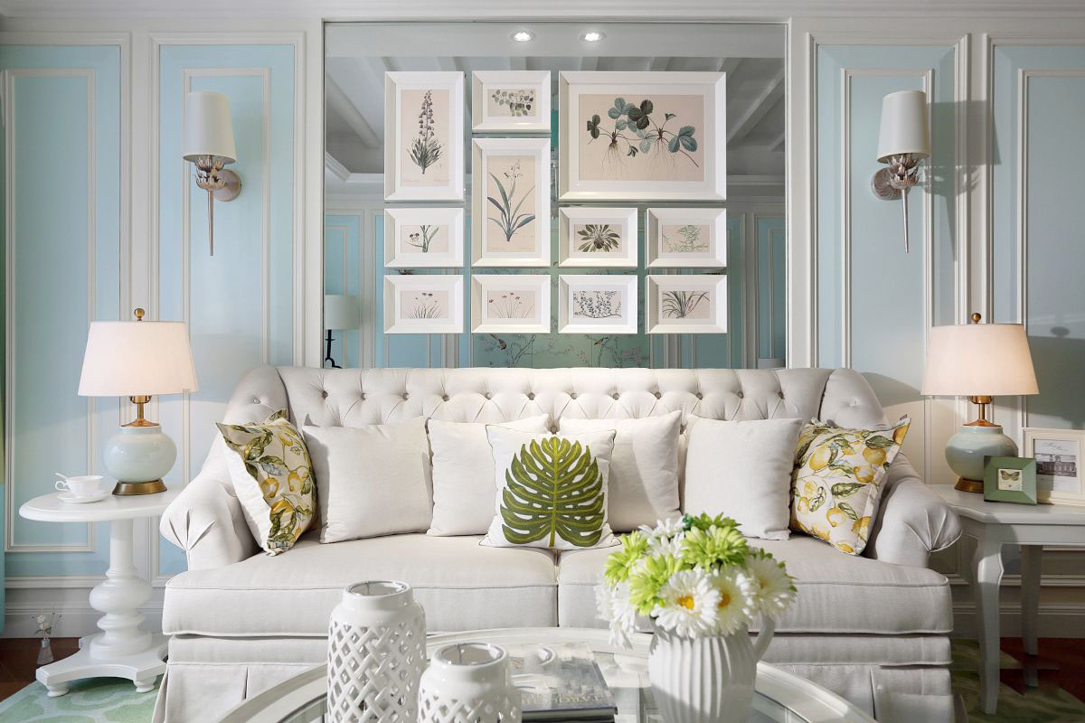 客厅,相片墙,背景墙,美式,白色,蓝色