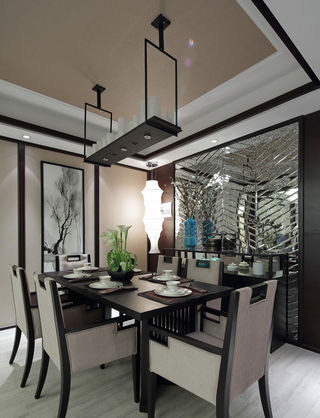 奢华精美新中式餐厅镜面背景墙装修