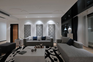 时尚现代中式客厅白色窗棂背景墙设计图