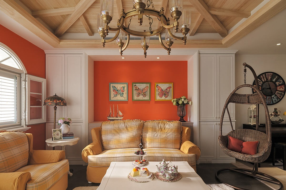甜美橙色田园风客厅沙发背景墙装饰
