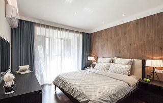 日式简约设计装修卧室床头实木背景墙装饰效果图