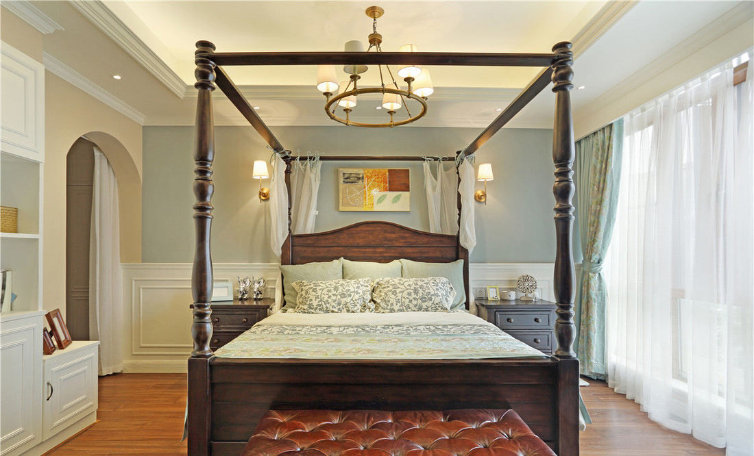 复古美式设计装修风格卧室四柱床装饰效果图