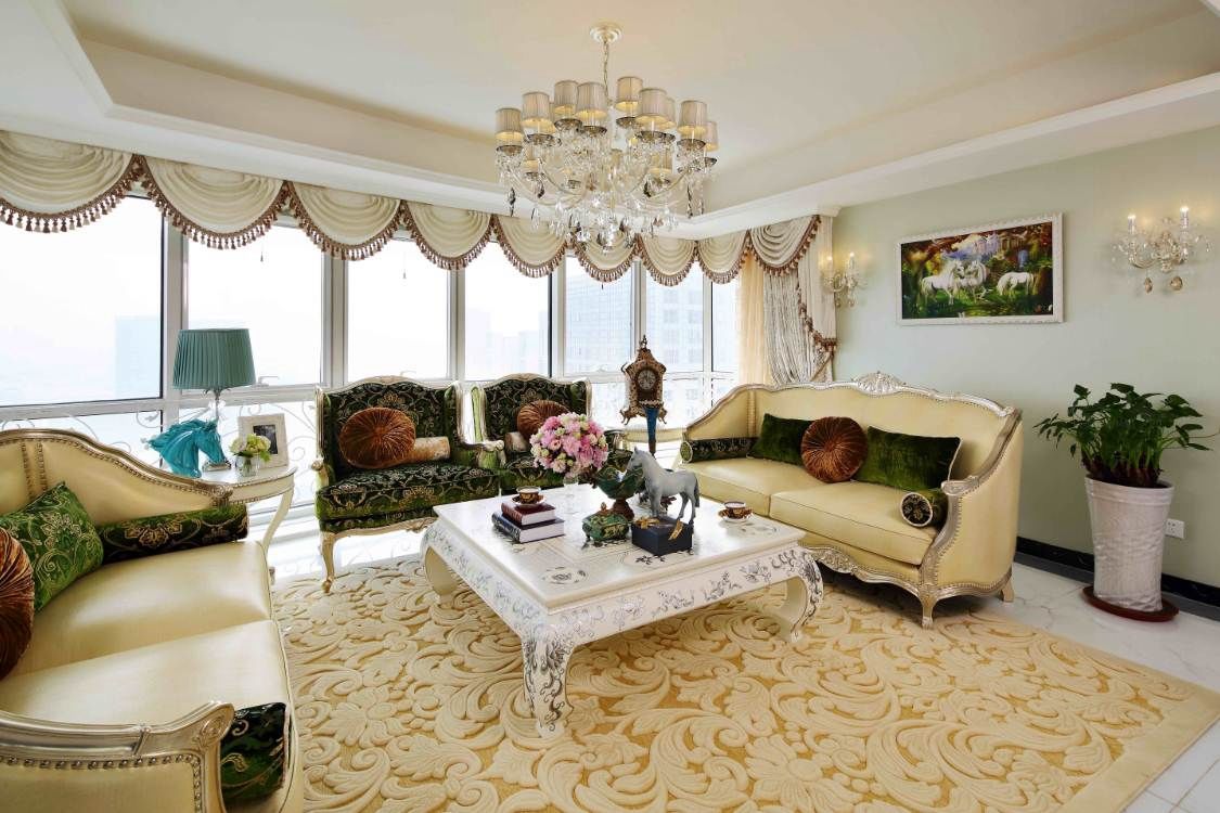 客厅,窗帘,其它,简欧,黄色