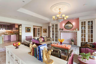 甜美粉紫色田园风开放式厨房客厅效果图