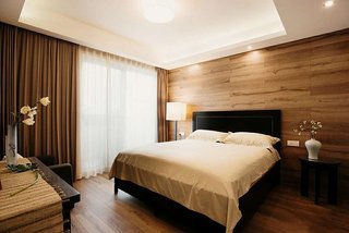 简洁素雅现代卧室实木背景墙装饰图