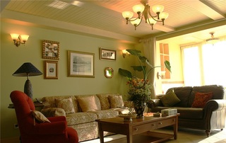 浅绿色宜家简欧风小客厅沙发背景墙装饰
