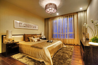 黄色高贵现代新中式卧室设计装潢效果图