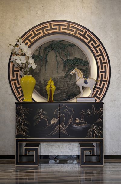 玄关,背景墙,其它,中式,米色,黑色,黄色,咖啡色